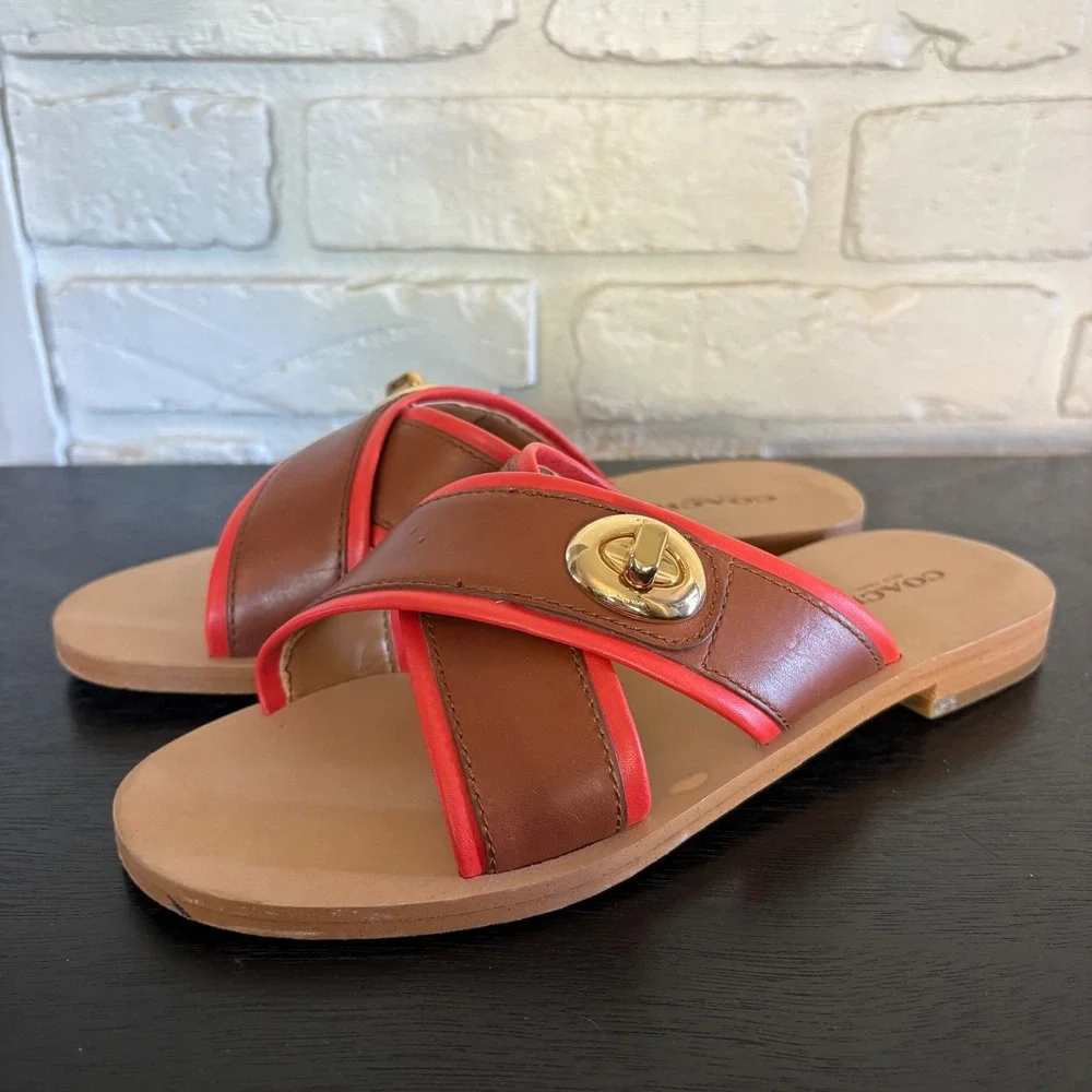 Coach Coral Turnlock Leather Slides Brown Leather Women's Size 5.5